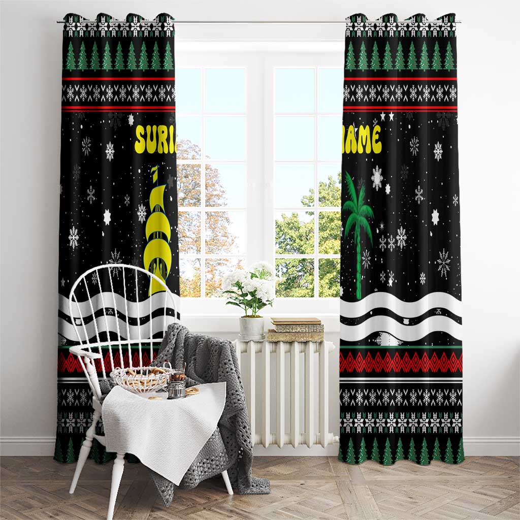 Suriname Christmas Window Curtain with Black Festive Pattern, Golden Ship, Palm Tree, and Coat of Arms Motif - Wonder Print Shop
