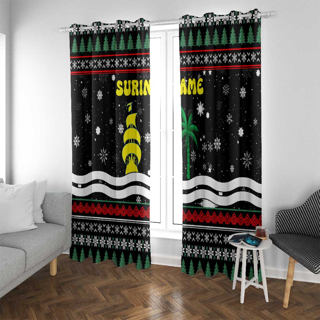 Suriname Christmas Window Curtain with Black Festive Pattern, Golden Ship, Palm Tree, and Coat of Arms Motif - Wonder Print Shop