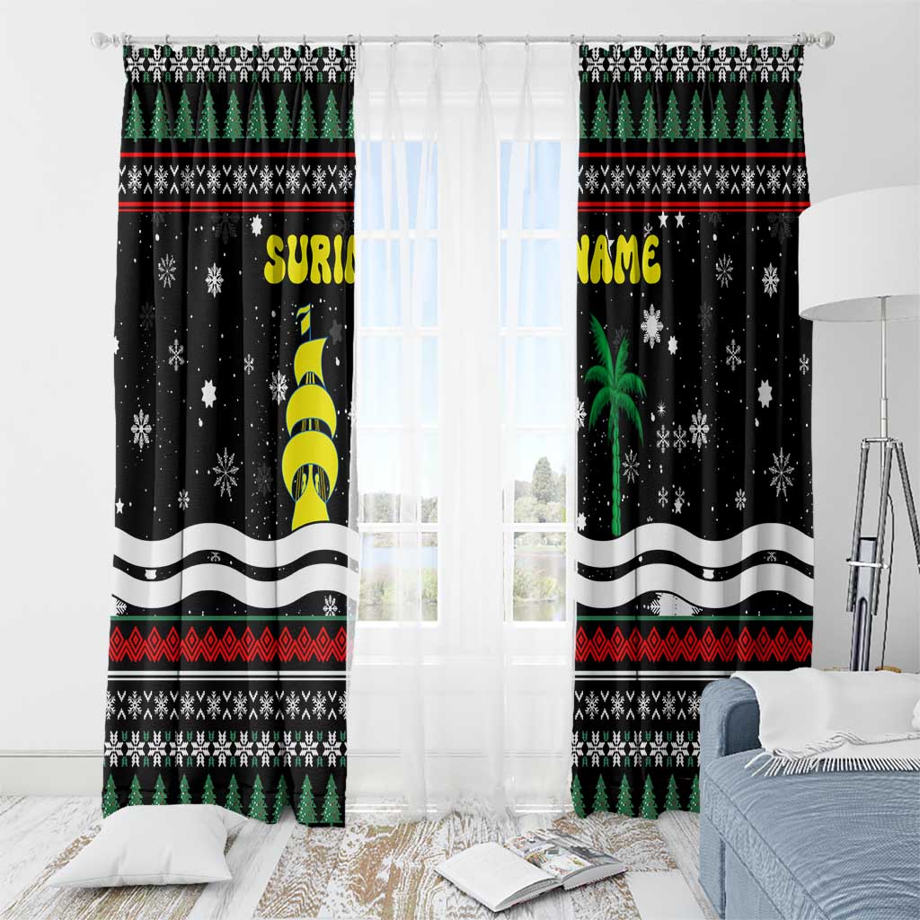 Suriname Christmas Window Curtain with Black Festive Pattern, Golden Ship, Palm Tree, and Coat of Arms Motif - Wonder Print Shop