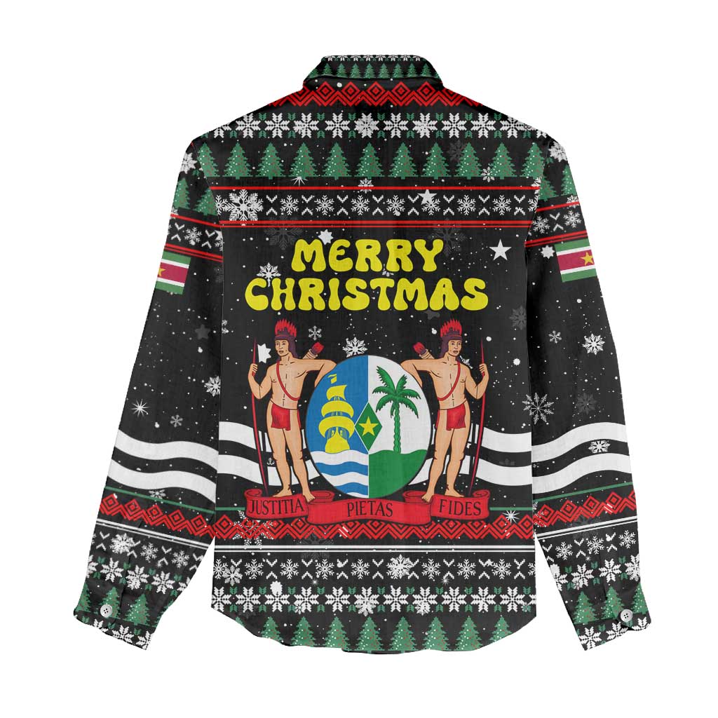 Suriname Christmas Women Casual Shirt with Black Festive Pattern, Golden Ship, Palm Tree, and Coat of Arms Motif - Wonder Print Shop