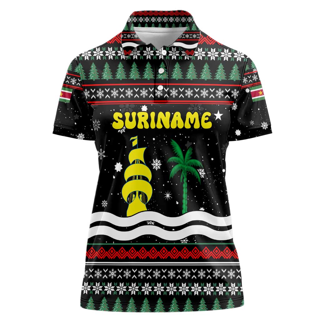 Suriname Christmas Women Polo Shirt with Black Festive Pattern, Golden Ship, Palm Tree, and Coat of Arms Motif - Wonder Print Shop