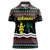 Suriname Christmas Women Polo Shirt with Black Festive Pattern, Golden Ship, Palm Tree, and Coat of Arms Motif - Wonder Print Shop