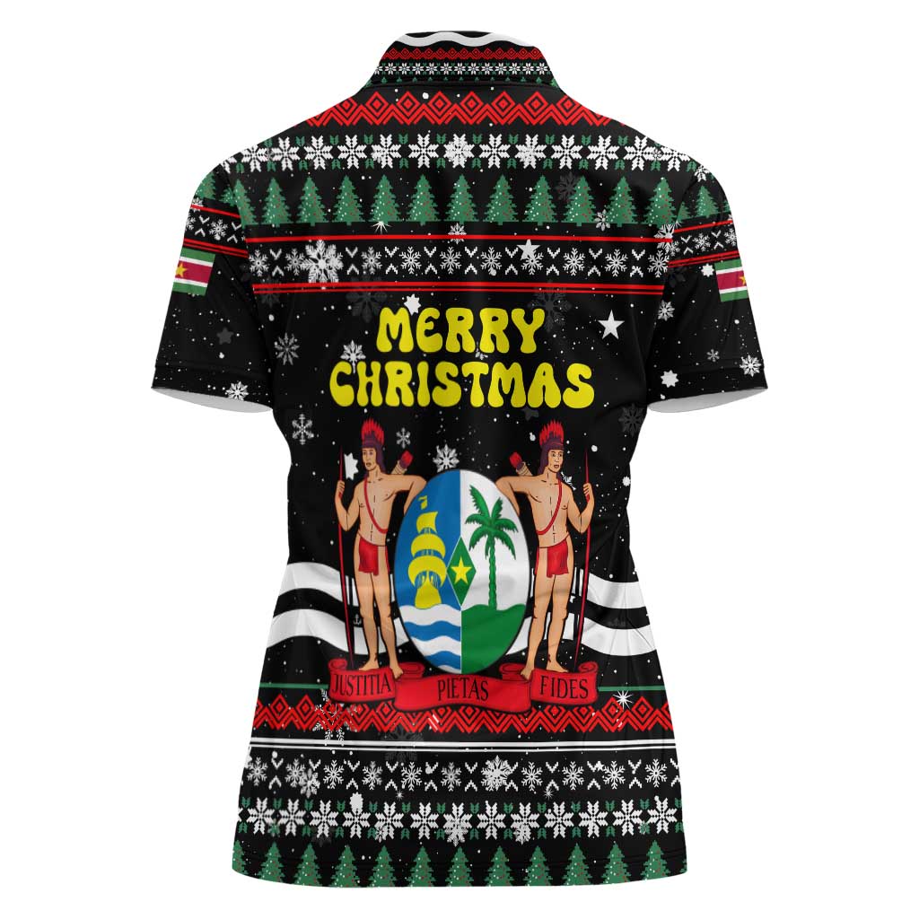 Suriname Christmas Women Polo Shirt with Black Festive Pattern, Golden Ship, Palm Tree, and Coat of Arms Motif - Wonder Print Shop