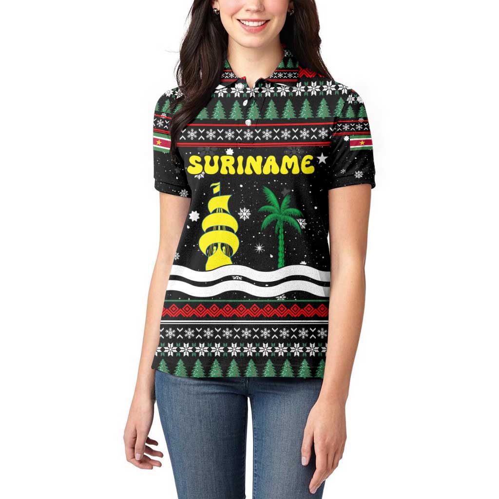 Suriname Christmas Women Polo Shirt with Black Festive Pattern, Golden Ship, Palm Tree, and Coat of Arms Motif - Wonder Print Shop
