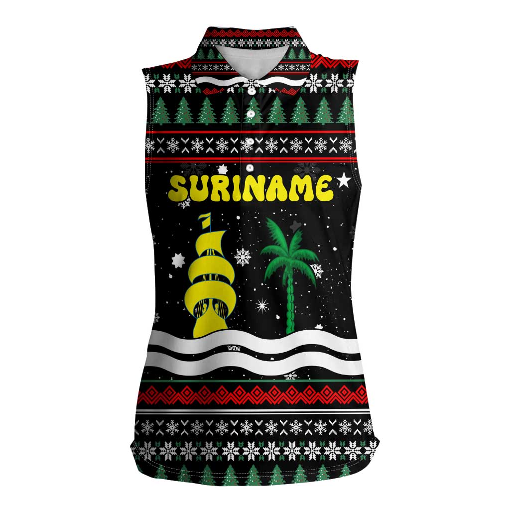Suriname Christmas Women Sleeveless Polo Shirt with Black Festive Pattern, Golden Ship, Palm Tree, and Coat of Arms Motif - Wonder Print Shop