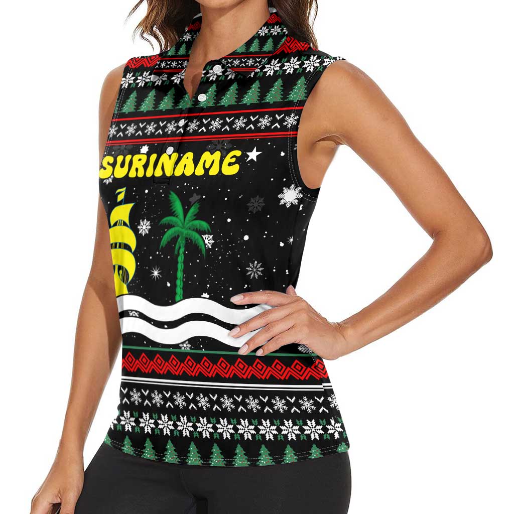Suriname Christmas Women Sleeveless Polo Shirt with Black Festive Pattern, Golden Ship, Palm Tree, and Coat of Arms Motif - Wonder Print Shop