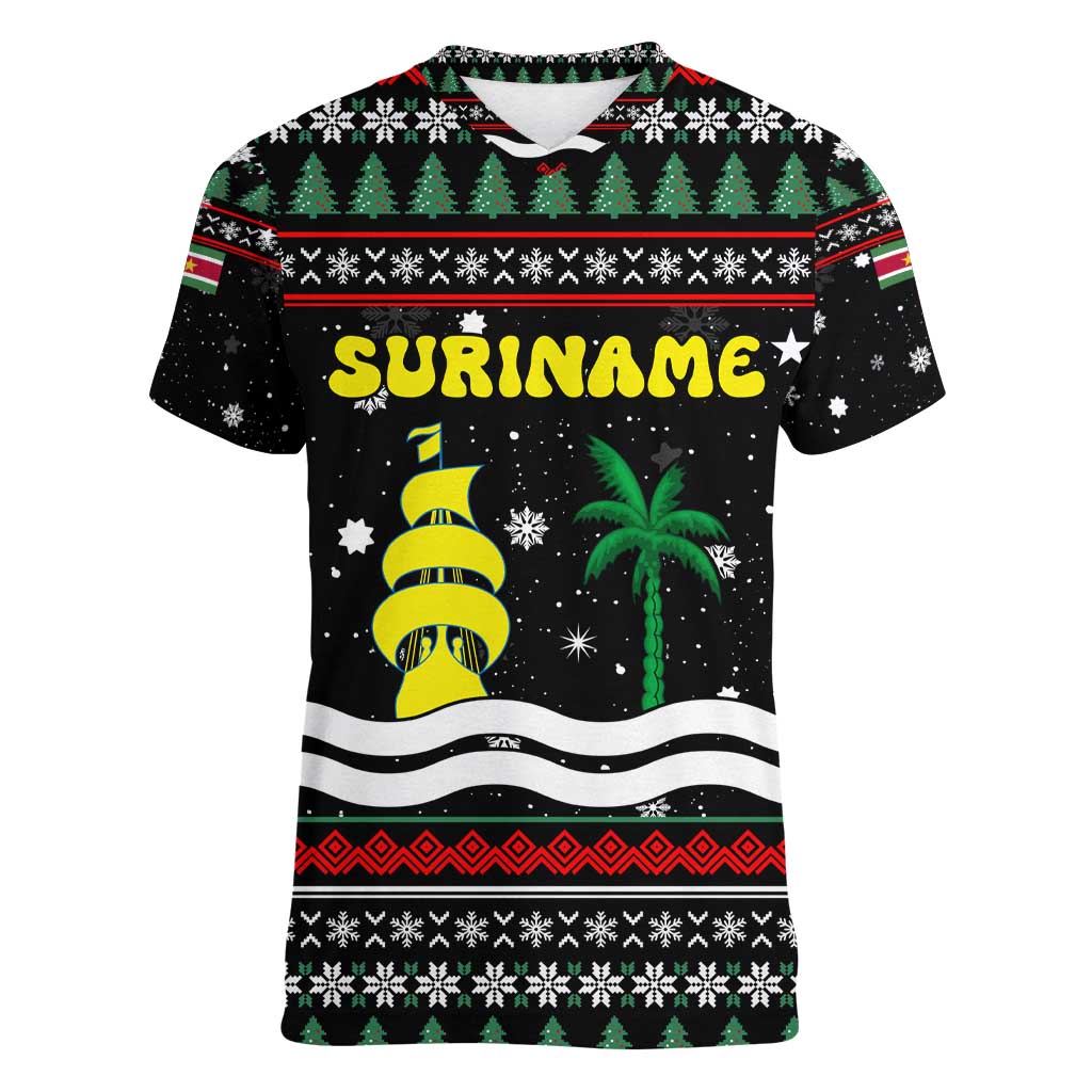 Suriname Christmas Women V-Neck T-Shirt with Black Festive Pattern, Golden Ship, Palm Tree, and Coat of Arms Motif - Wonder Print Shop