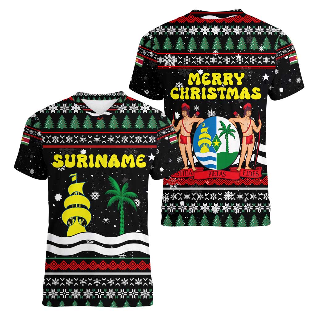 Suriname Christmas Women V-Neck T-Shirt with Black Festive Pattern, Golden Ship, Palm Tree, and Coat of Arms Motif - Wonder Print Shop