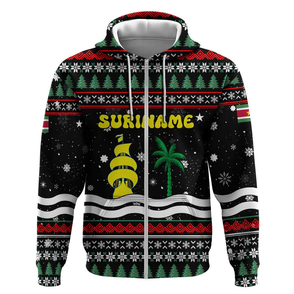 Suriname Christmas Zip Hoodie with Black Festive Pattern, Golden Ship, Palm Tree, and Coat of Arms Motif - Wonder Print Shop