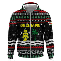 Suriname Christmas Zip Hoodie with Black Festive Pattern, Golden Ship, Palm Tree, and Coat of Arms Motif - Wonder Print Shop