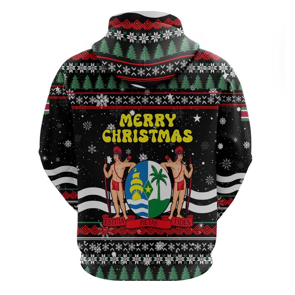 Suriname Christmas Zip Hoodie with Black Festive Pattern, Golden Ship, Palm Tree, and Coat of Arms Motif - Wonder Print Shop