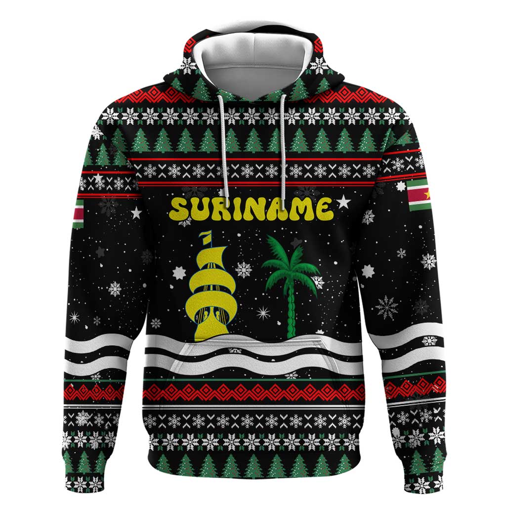 Suriname Christmas Zip Hoodie with Black Festive Pattern, Golden Ship, Palm Tree, and Coat of Arms Motif - Wonder Print Shop