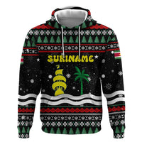 Suriname Christmas Zip Hoodie with Black Festive Pattern, Golden Ship, Palm Tree, and Coat of Arms Motif - Wonder Print Shop