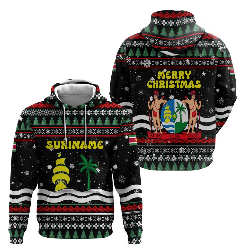 Suriname Christmas Zip Hoodie with Black Festive Pattern, Golden Ship, Palm Tree, and Coat of Arms Motif - Wonder Print Shop