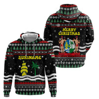Suriname Christmas Zip Hoodie with Black Festive Pattern, Golden Ship, Palm Tree, and Coat of Arms Motif - Wonder Print Shop