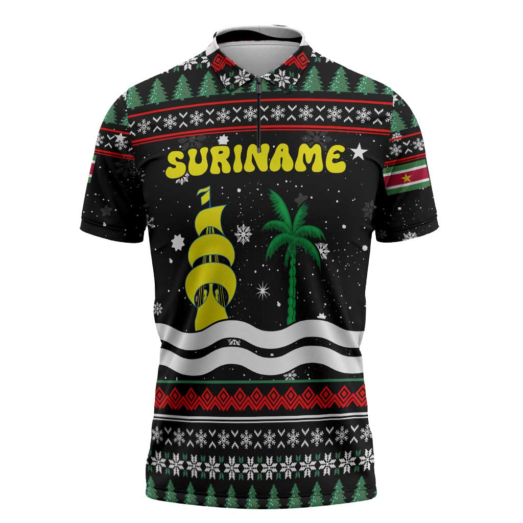 Suriname Christmas Zipper Polo Shirt with Black Festive Pattern, Golden Ship, Palm Tree, and Coat of Arms Motif - Wonder Print Shop
