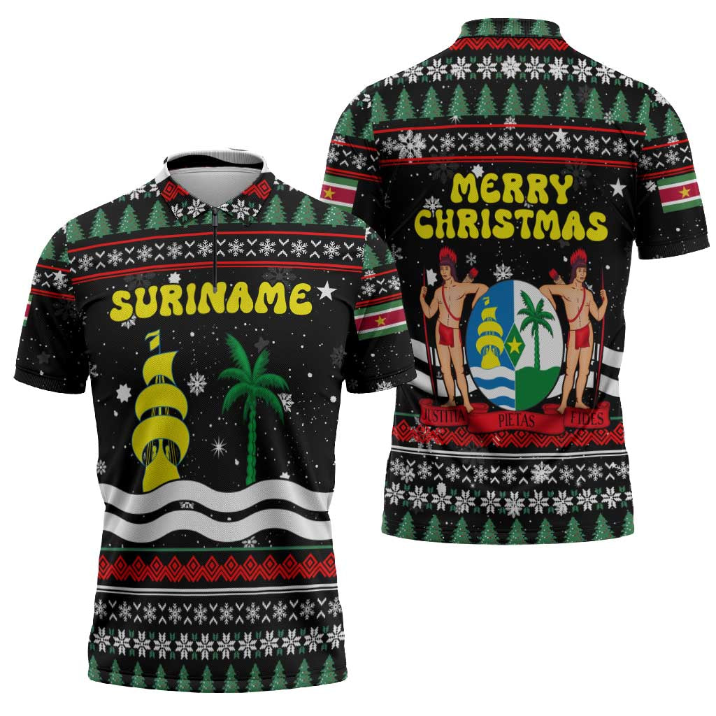 Suriname Christmas Zipper Polo Shirt with Black Festive Pattern, Golden Ship, Palm Tree, and Coat of Arms Motif - Wonder Print Shop