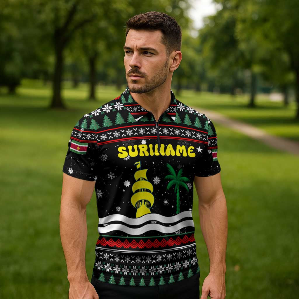 Suriname Christmas Zipper Polo Shirt with Black Festive Pattern, Golden Ship, Palm Tree, and Coat of Arms Motif - Wonder Print Shop