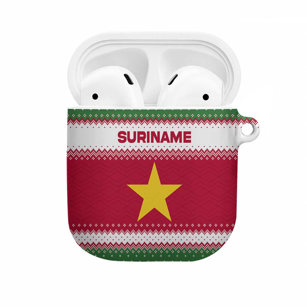Suriname Christmas AirPods Case with Red-Green Knit Pattern, Yellow Star, and Santa Leopard Motif - Wonder Print Shop