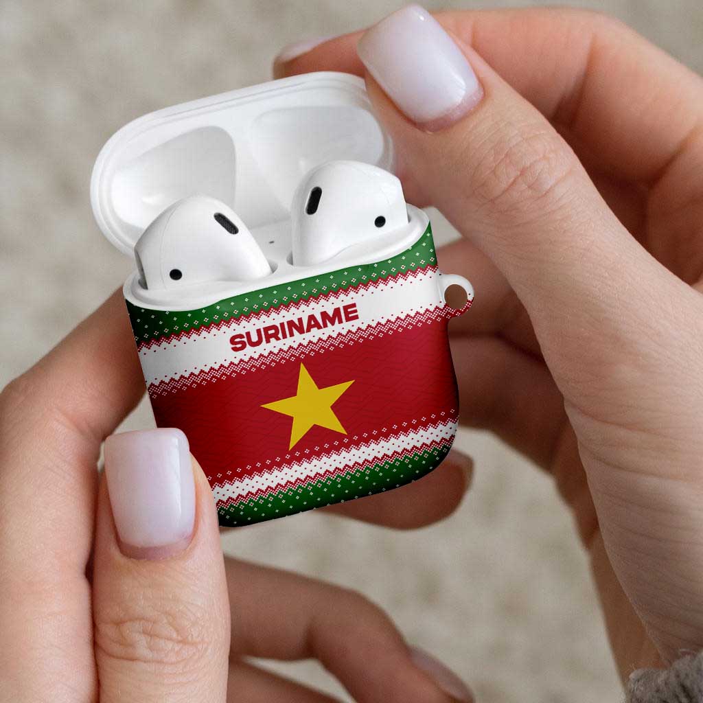 Suriname Christmas AirPods Case with Red-Green Knit Pattern, Yellow Star, and Santa Leopard Motif - Wonder Print Shop