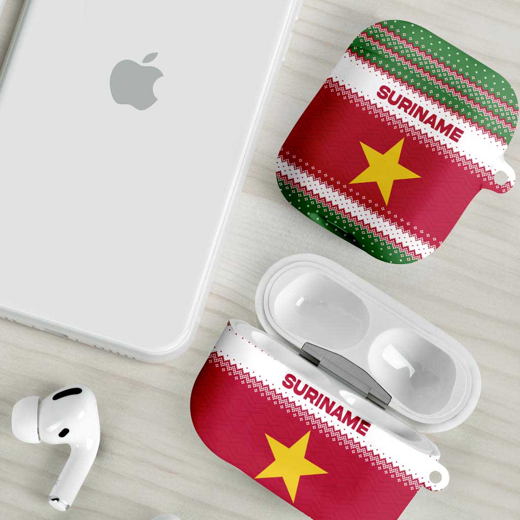 Suriname Christmas AirPods Case with Red-Green Knit Pattern, Yellow Star, and Santa Leopard Motif - Wonder Print Shop