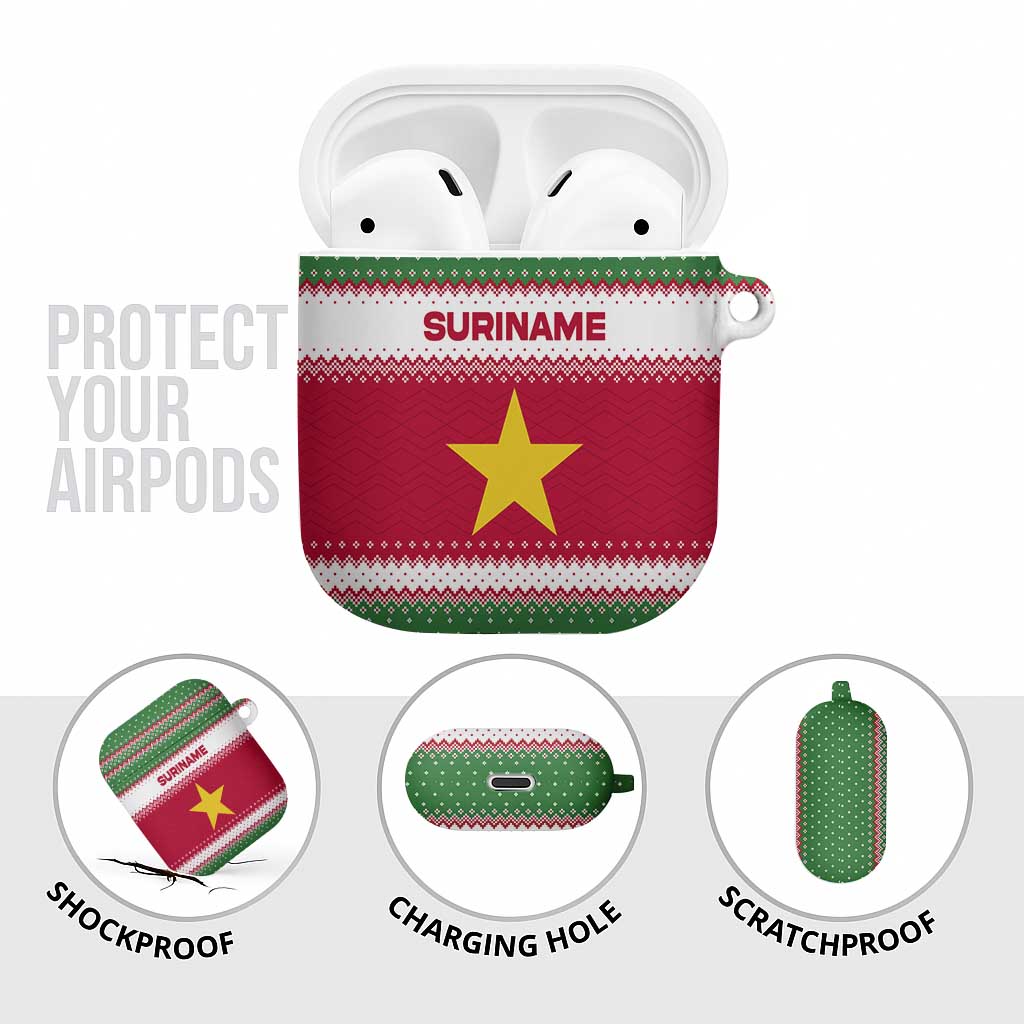 Suriname Christmas AirPods Case with Red-Green Knit Pattern, Yellow Star, and Santa Leopard Motif - Wonder Print Shop