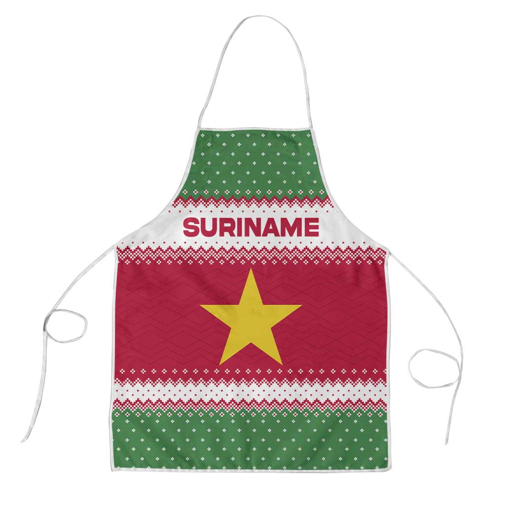 Suriname Christmas Apron with Red-Green Knit Pattern, Yellow Star, and Santa Leopard Motif - Wonder Print Shop
