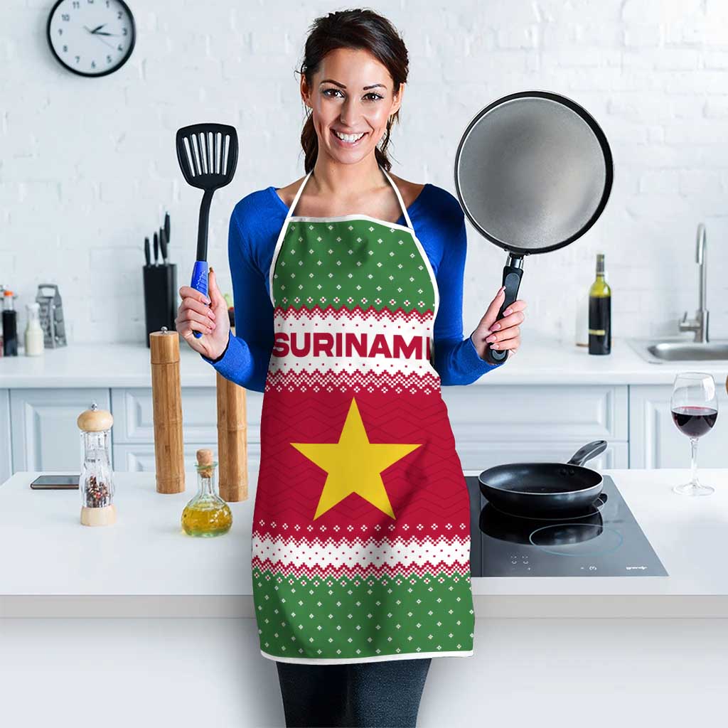 Suriname Christmas Apron with Red-Green Knit Pattern, Yellow Star, and Santa Leopard Motif - Wonder Print Shop