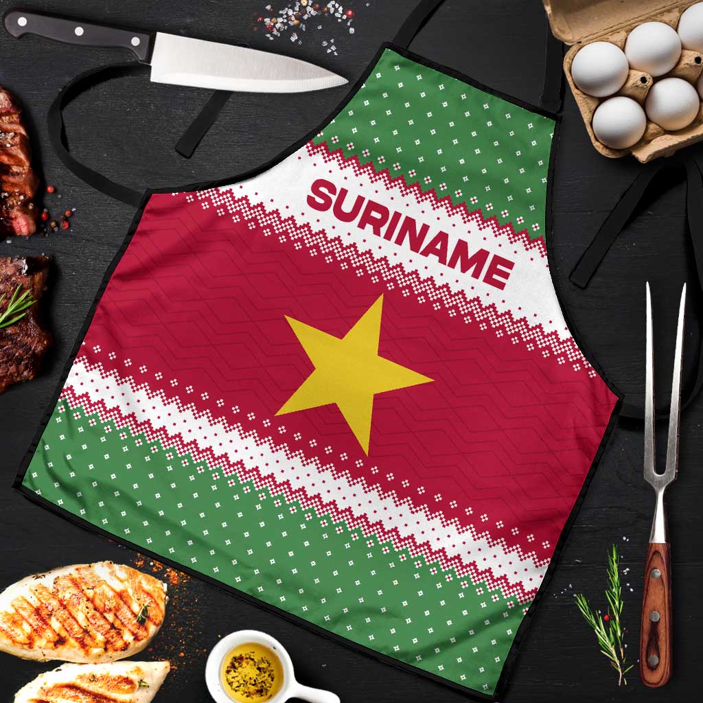 Suriname Christmas Apron with Red-Green Knit Pattern, Yellow Star, and Santa Leopard Motif - Wonder Print Shop