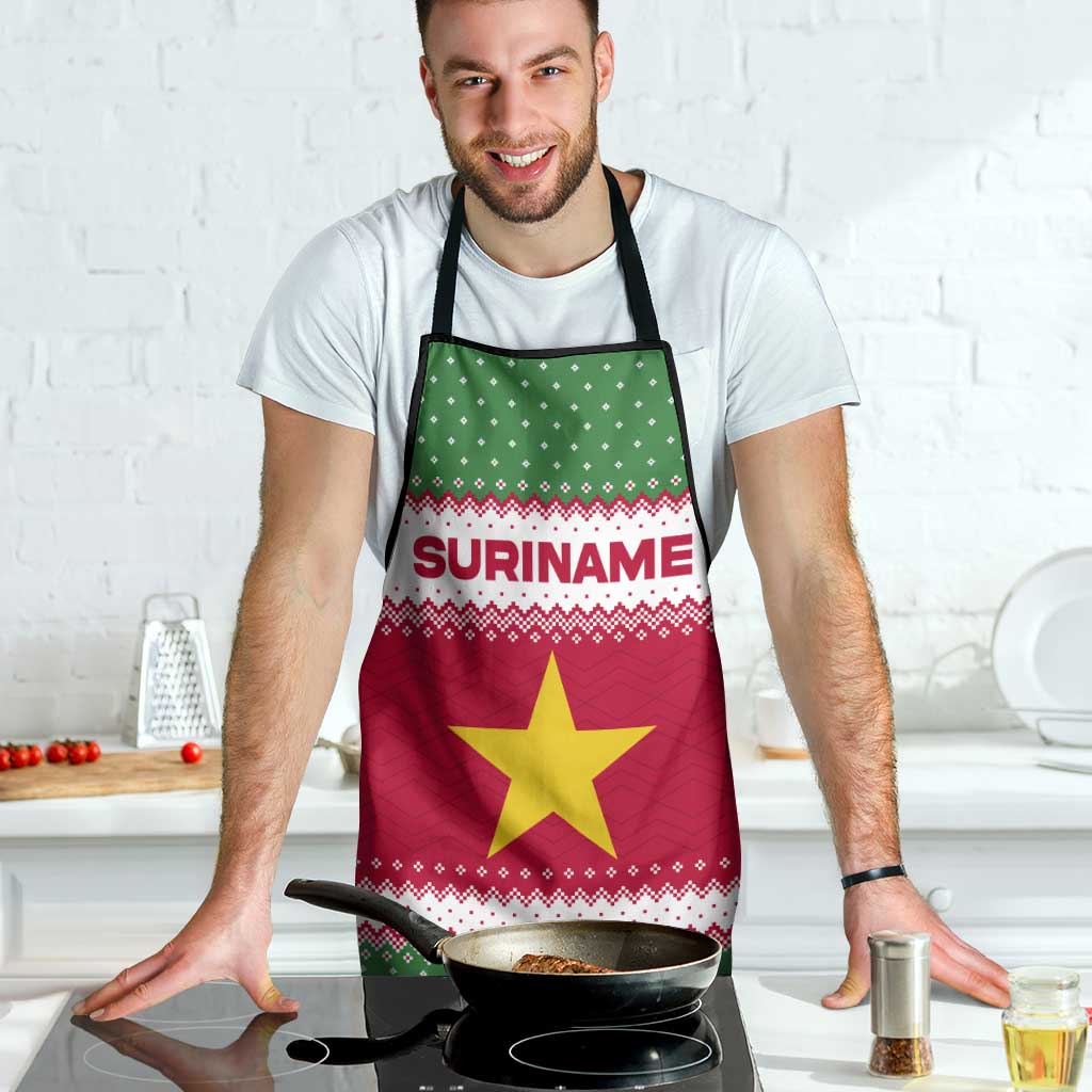 Suriname Christmas Apron with Red-Green Knit Pattern, Yellow Star, and Santa Leopard Motif - Wonder Print Shop