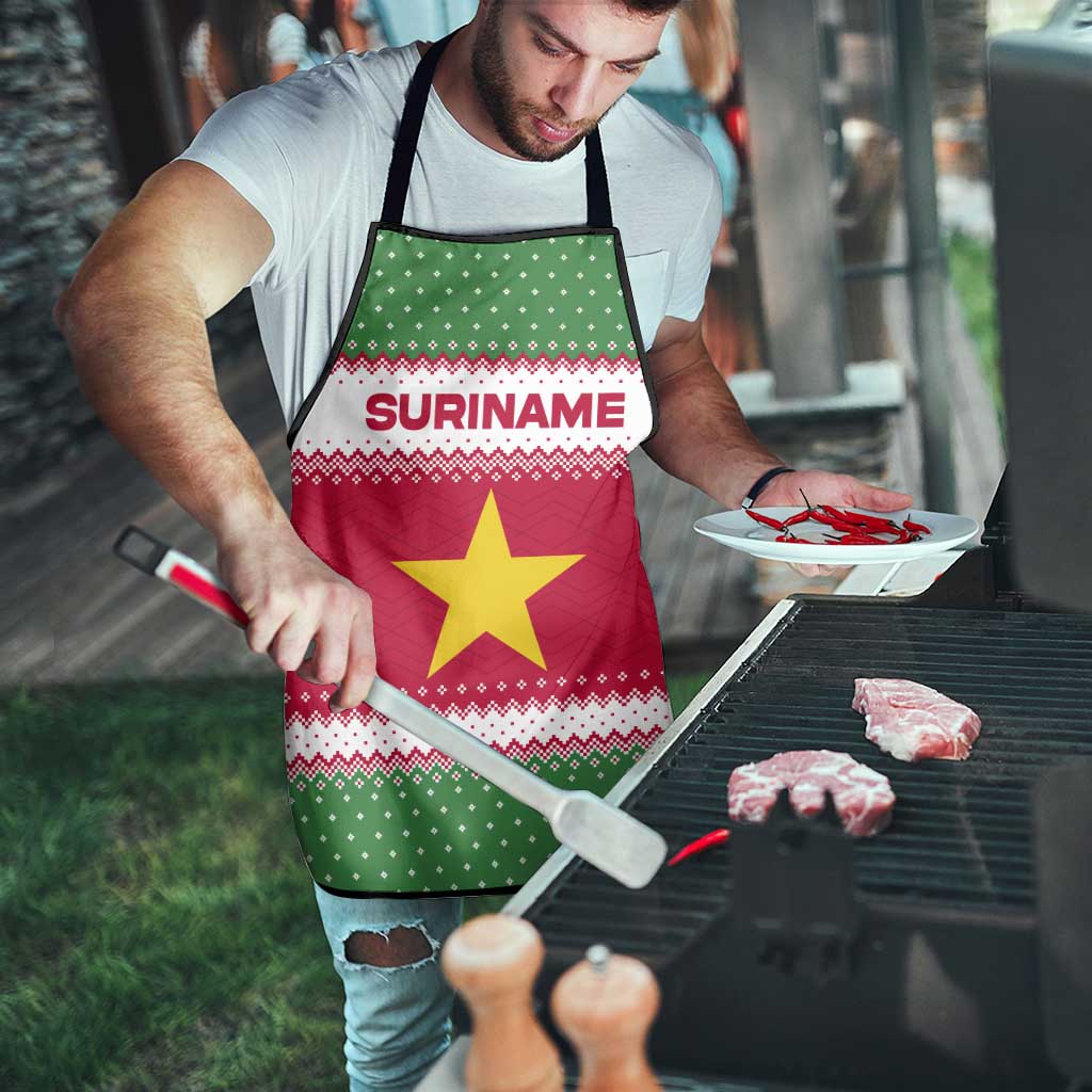 Suriname Christmas Apron with Red-Green Knit Pattern, Yellow Star, and Santa Leopard Motif - Wonder Print Shop