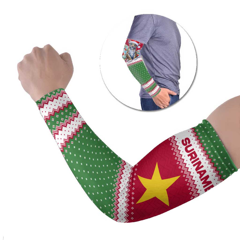 Suriname Christmas Arm Sleeves with Red-Green Knit Pattern, Yellow Star, and Santa Leopard Motif - Wonder Print Shop