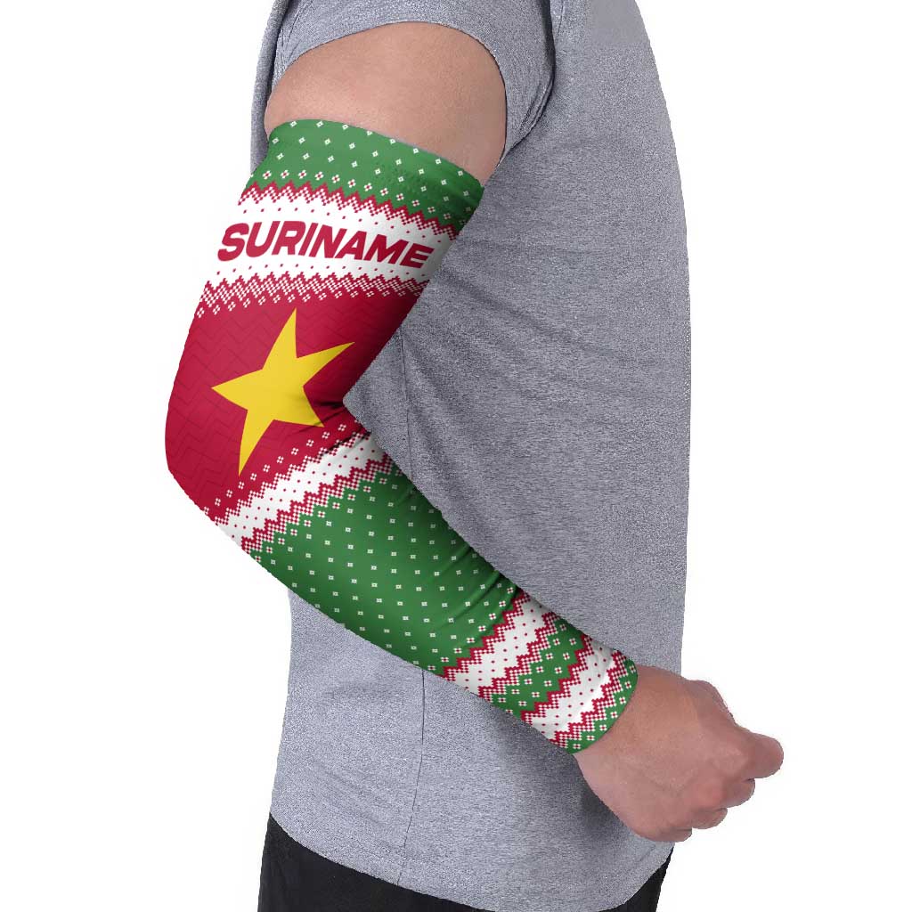 Suriname Christmas Arm Sleeves with Red-Green Knit Pattern, Yellow Star, and Santa Leopard Motif - Wonder Print Shop