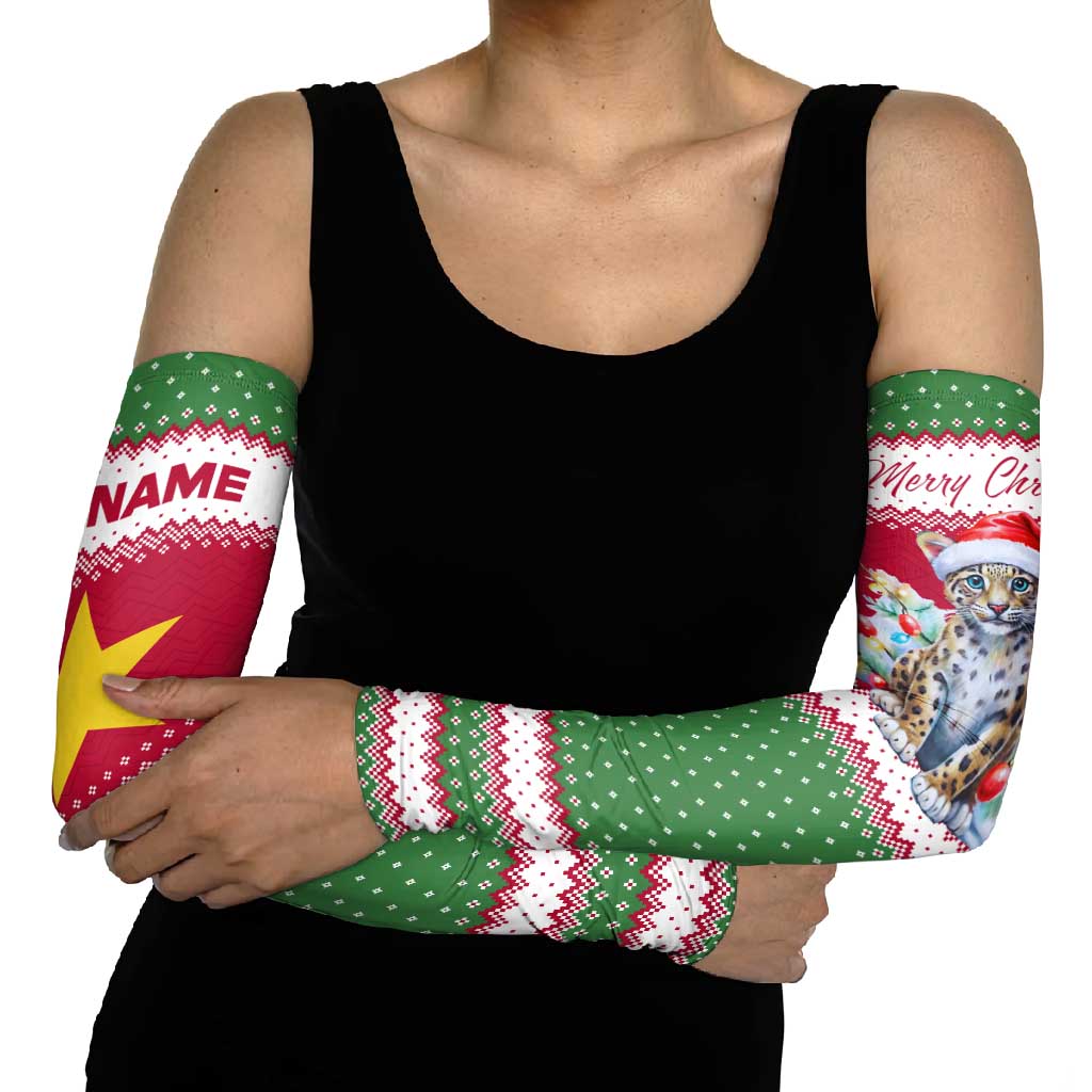 Suriname Christmas Arm Sleeves with Red-Green Knit Pattern, Yellow Star, and Santa Leopard Motif - Wonder Print Shop