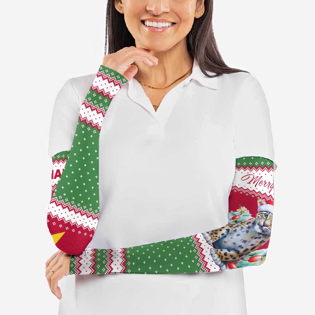Suriname Christmas Arm Sleeves with Red-Green Knit Pattern, Yellow Star, and Santa Leopard Motif - Wonder Print Shop