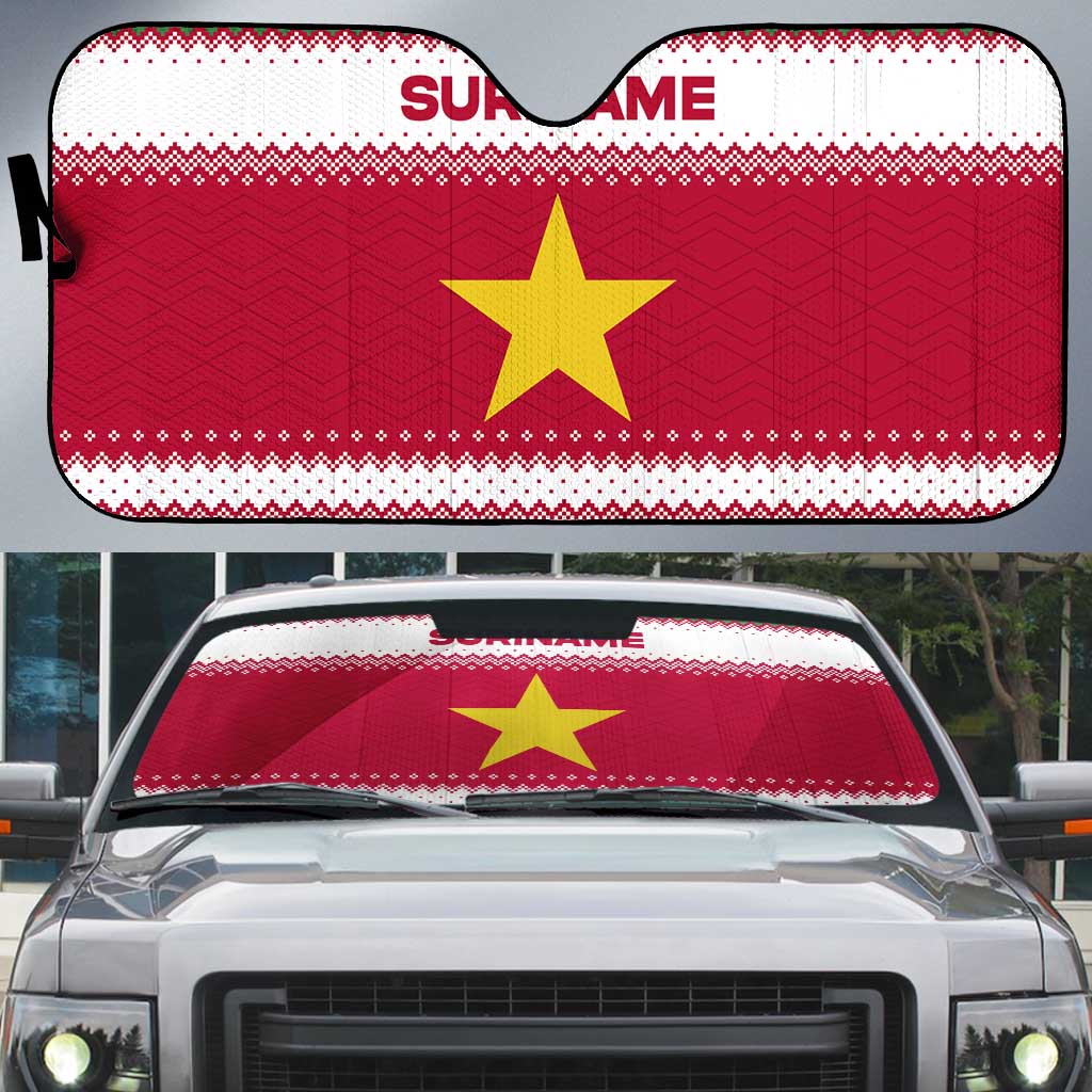Suriname Christmas Auto Sun Shade with Red-Green Knit Pattern, Yellow Star, and Santa Leopard Motif - Wonder Print Shop
