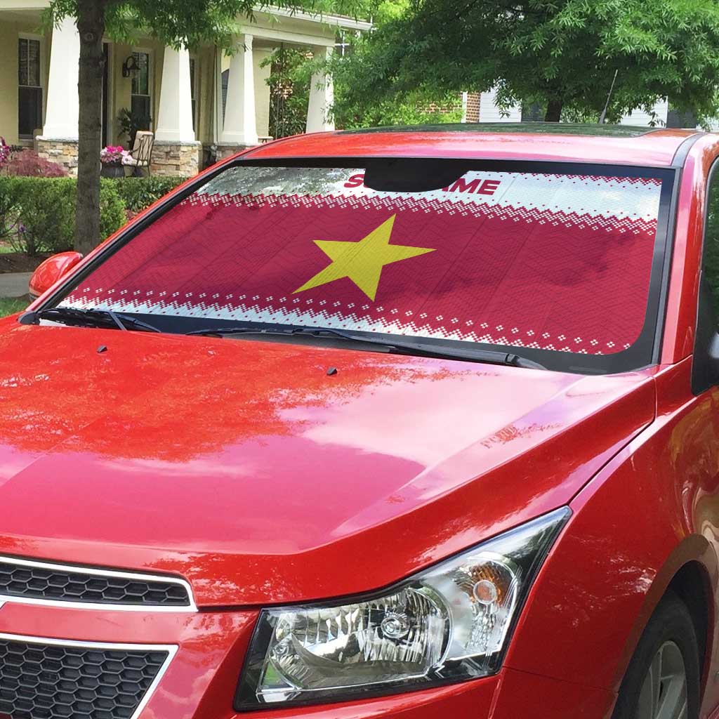 Suriname Christmas Auto Sun Shade with Red-Green Knit Pattern, Yellow Star, and Santa Leopard Motif - Wonder Print Shop