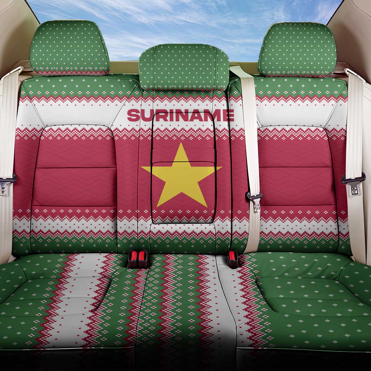 Suriname Christmas Back Car Seat Cover with Red-Green Knit Pattern, Yellow Star, and Santa Leopard Motif - Wonder Print Shop
