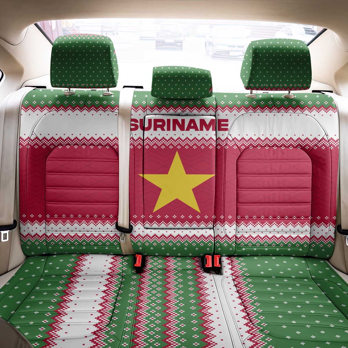 Suriname Christmas Back Car Seat Cover with Red-Green Knit Pattern, Yellow Star, and Santa Leopard Motif - Wonder Print Shop