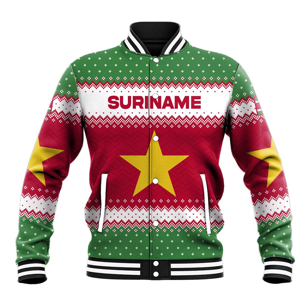 Suriname Christmas Baseball Jacket with Red-Green Knit Pattern, Yellow Star, and Santa Leopard Motif - Wonder Print Shop