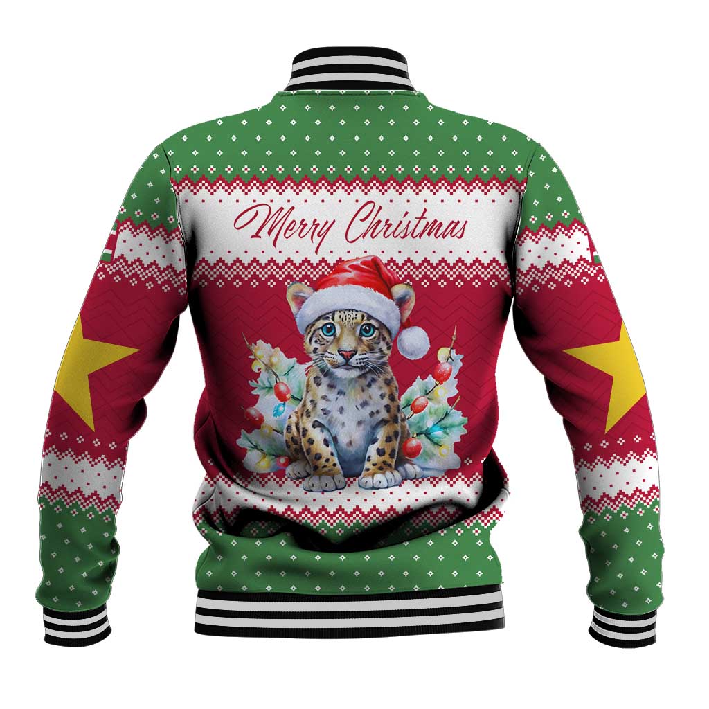Suriname Christmas Baseball Jacket with Red-Green Knit Pattern, Yellow Star, and Santa Leopard Motif - Wonder Print Shop