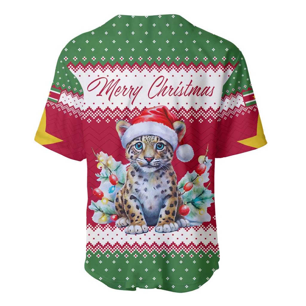 Suriname Christmas Baseball Jersey with Red-Green Knit Pattern, Yellow Star, and Santa Leopard Motif - Wonder Print Shop