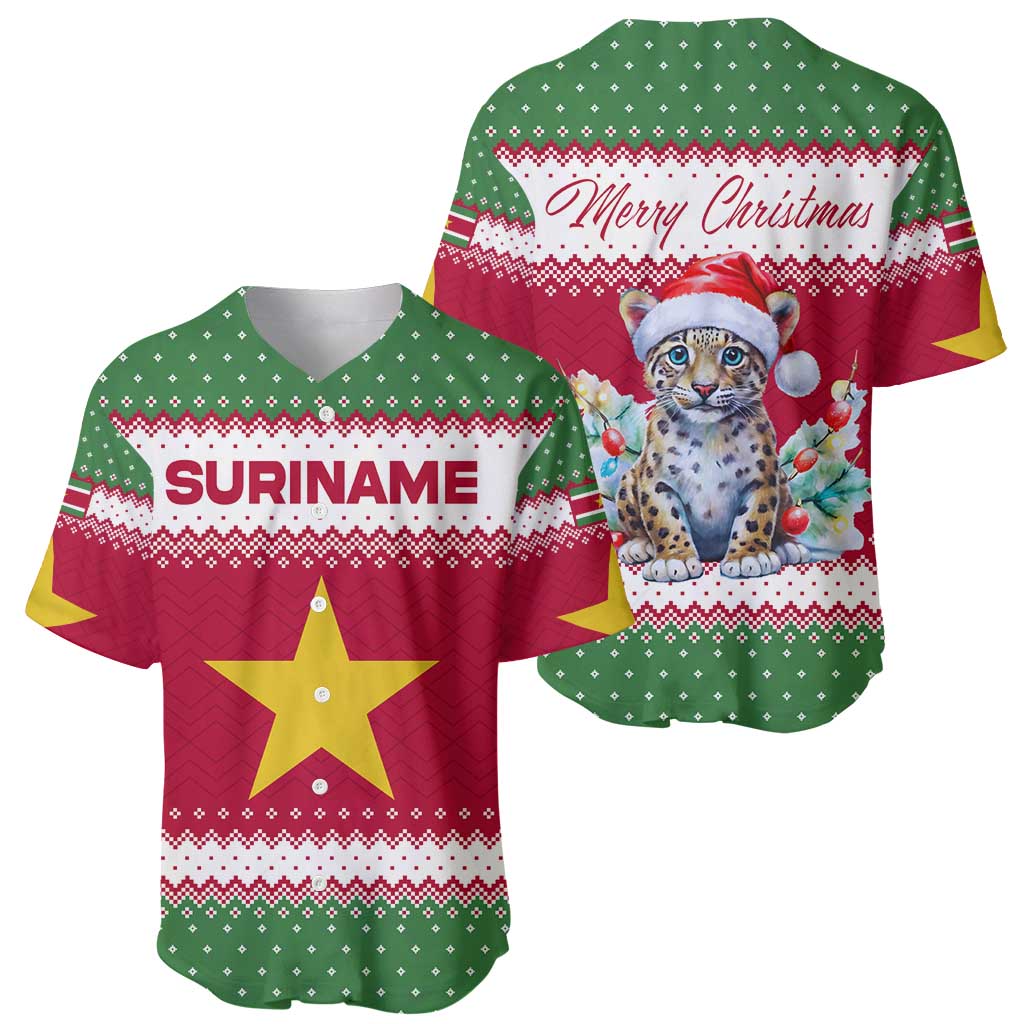 Suriname Christmas Baseball Jersey with Red-Green Knit Pattern, Yellow Star, and Santa Leopard Motif - Wonder Print Shop
