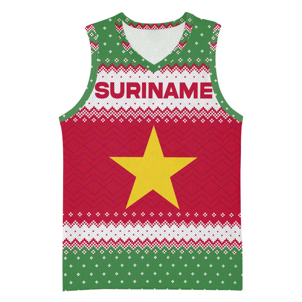 Suriname Christmas Basketball Jersey with Red-Green Knit Pattern, Yellow Star, and Santa Leopard Motif - Wonder Print Shop