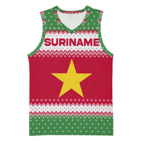 Suriname Christmas Basketball Jersey with Red-Green Knit Pattern, Yellow Star, and Santa Leopard Motif - Wonder Print Shop
