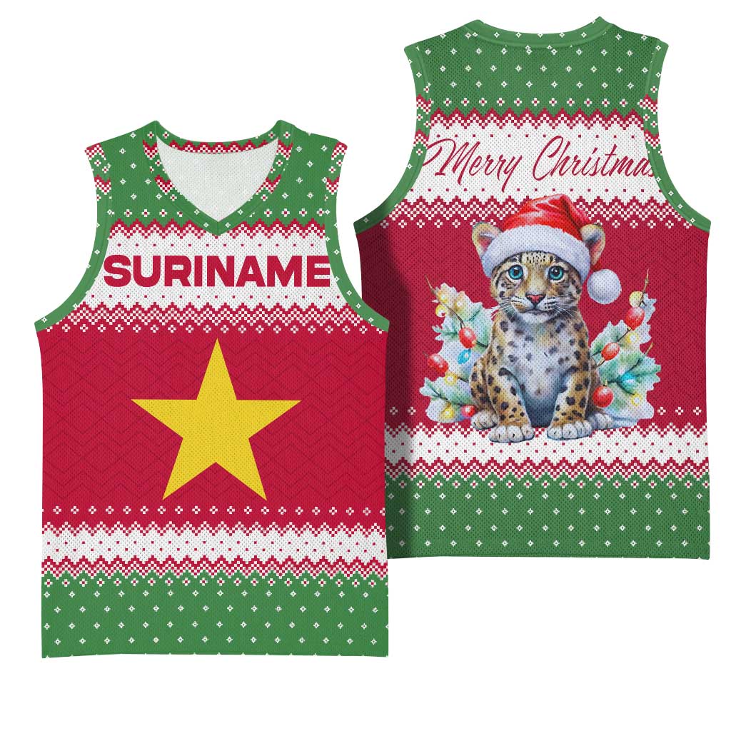 Suriname Christmas Basketball Jersey with Red-Green Knit Pattern, Yellow Star, and Santa Leopard Motif - Wonder Print Shop