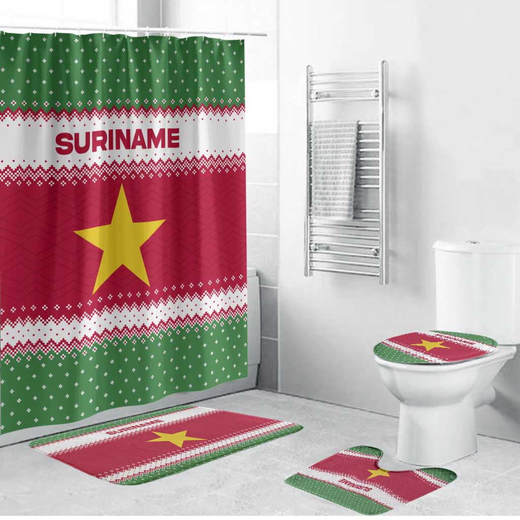 Suriname Christmas Bathroom Set with Red-Green Knit Pattern, Yellow Star, and Santa Leopard Motif - Wonder Print Shop