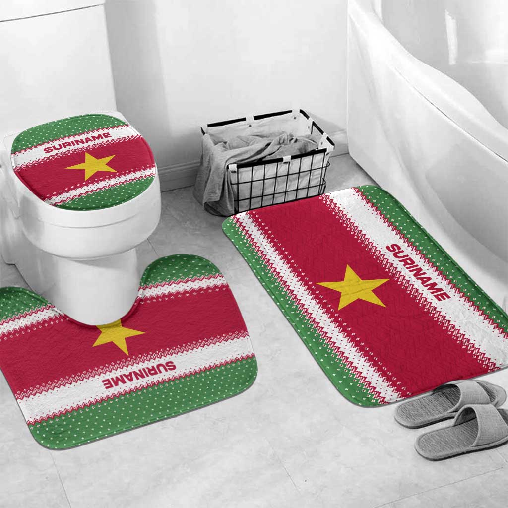 Suriname Christmas Bathroom Set with Red-Green Knit Pattern, Yellow Star, and Santa Leopard Motif - Wonder Print Shop