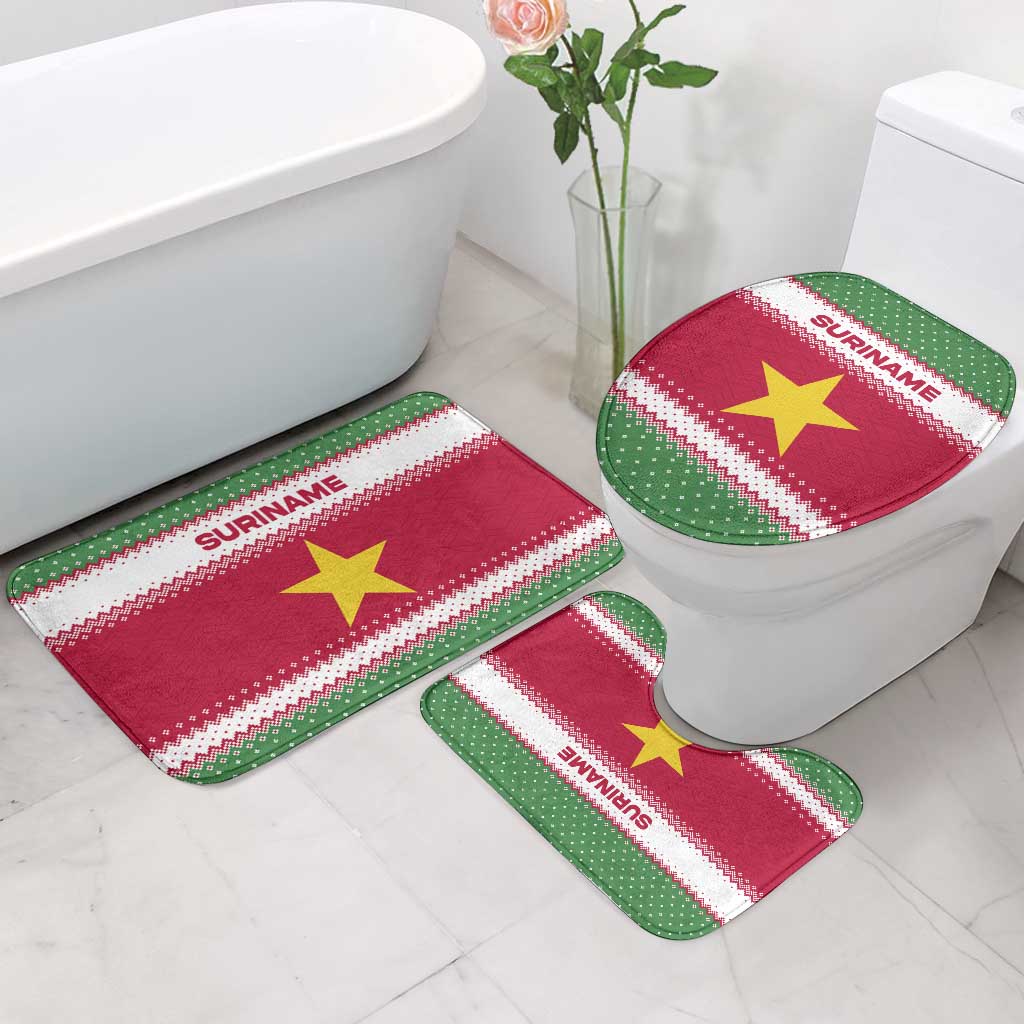 Suriname Christmas Bathroom Set with Red-Green Knit Pattern, Yellow Star, and Santa Leopard Motif - Wonder Print Shop