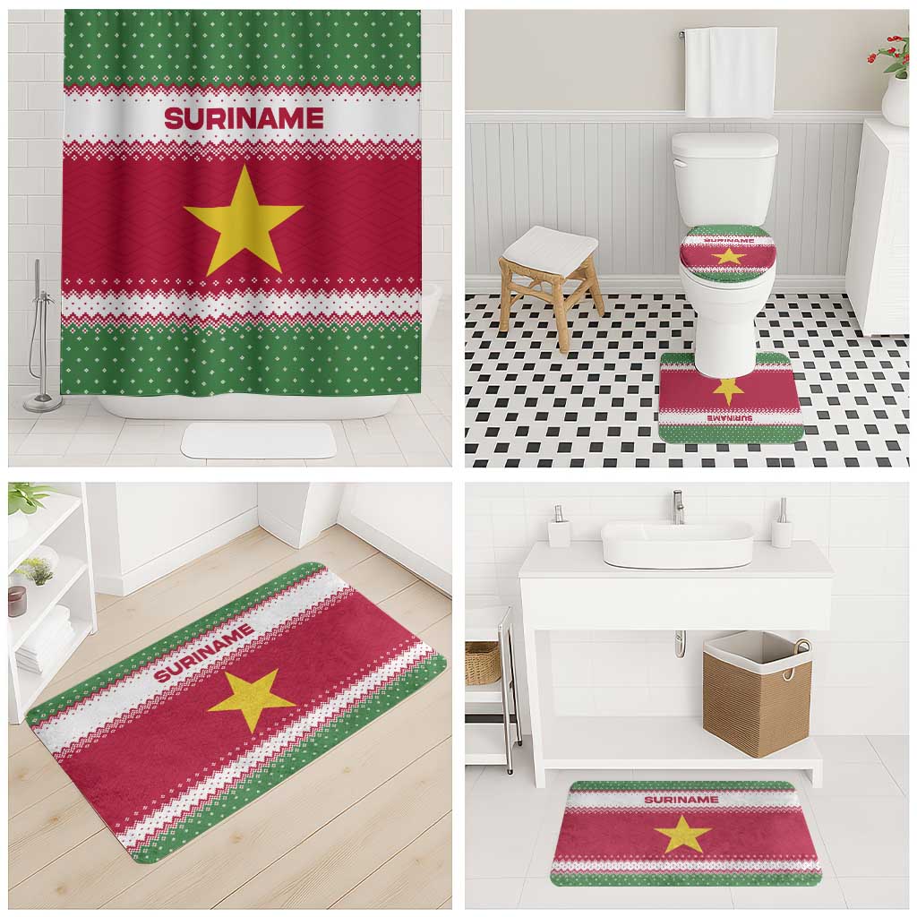 Suriname Christmas Bathroom Set with Red-Green Knit Pattern, Yellow Star, and Santa Leopard Motif - Wonder Print Shop